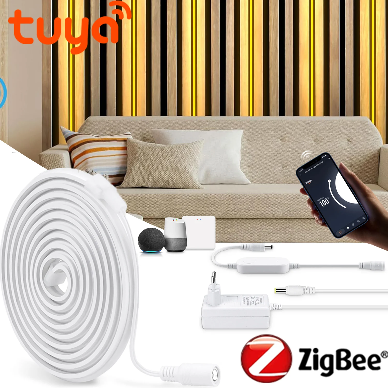 

Светодиодная лента ZigBee Neon COB с регулируемой яркостью, умный настенный светильник с Wi-Fi Tuya, автоматизация умного дома, работает с Alexa и Google