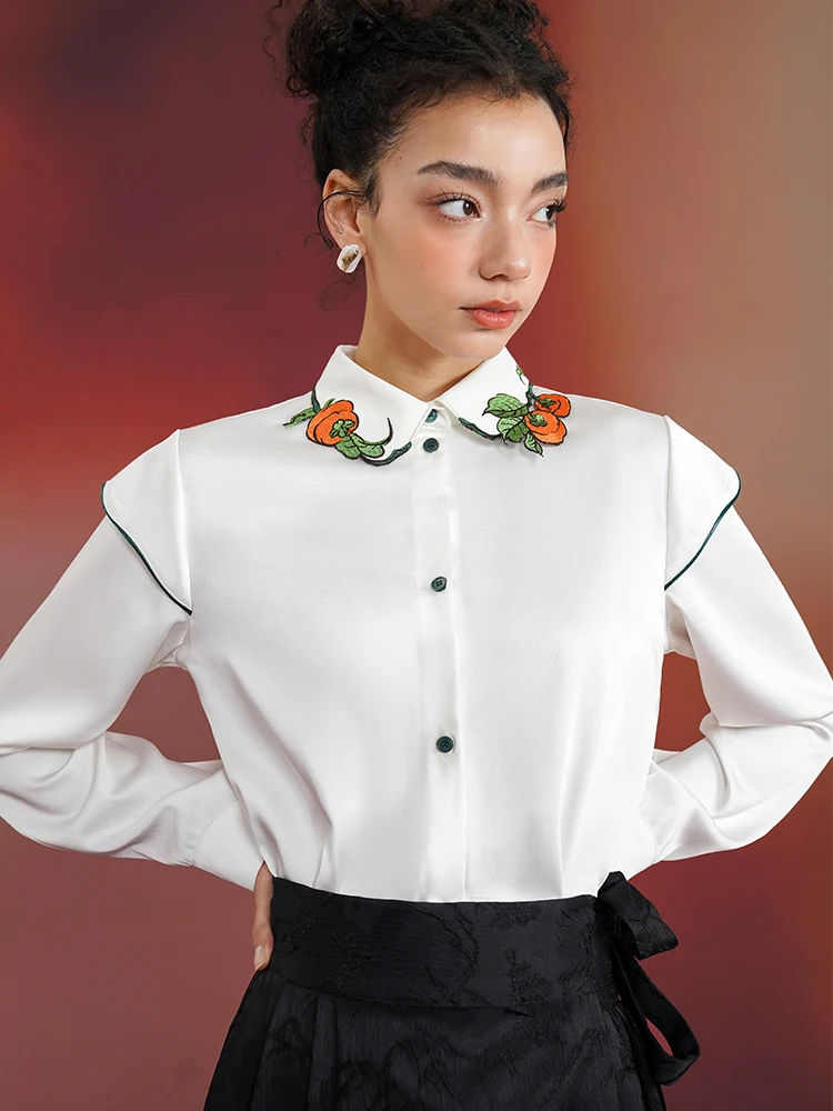 Spring and Autumn Women Chinese style Persimmon Embroidered Shirt