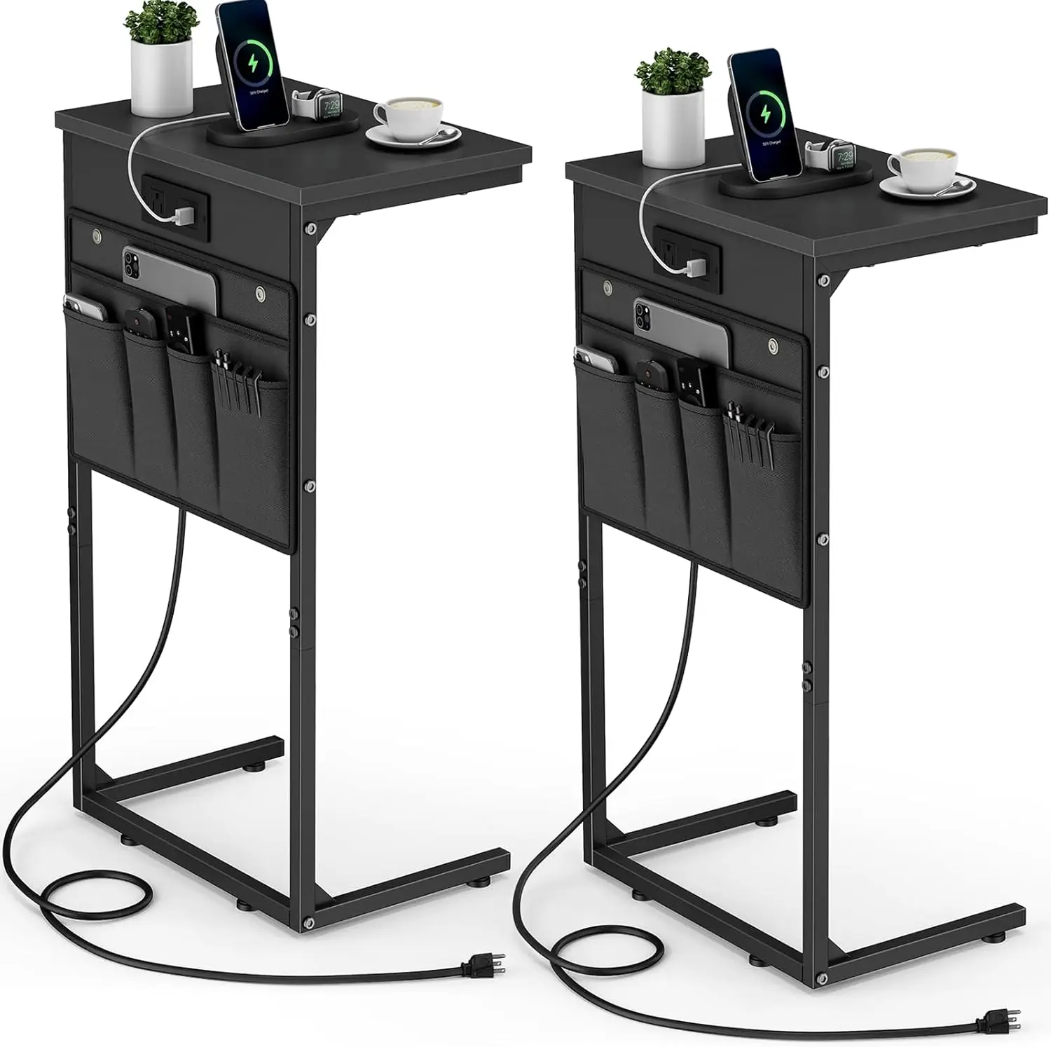 Vagusicc C Shaped End Table With Charging Station, Set Of 2, 28