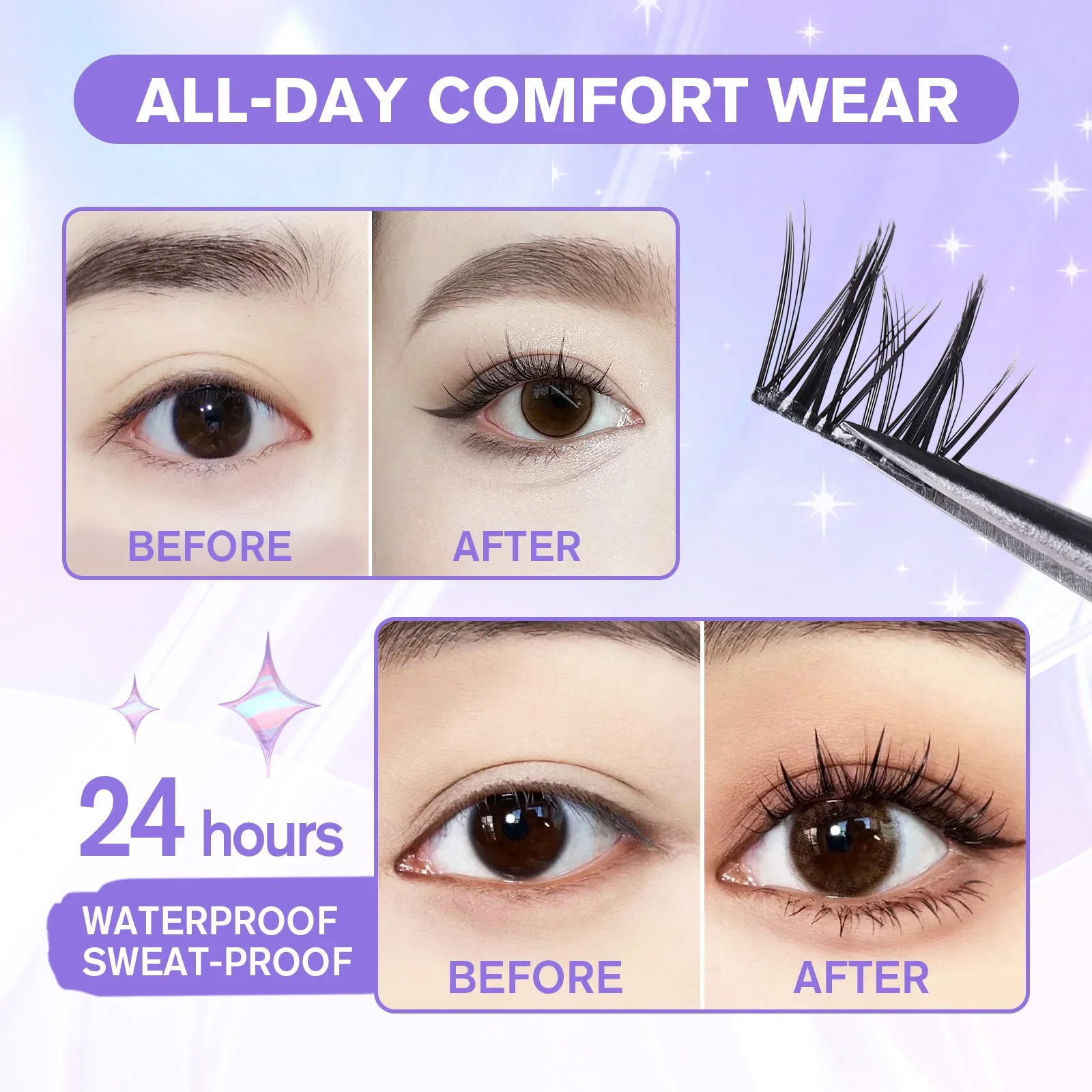 Sztuczne rzęsy z klejem LOCKCUTE, 6 rzędów/36 kępek, trwałość 24h, komfort na cały dzień, zestaw do przedłużania rzęs pojedynczych 9-12mm na imprezę/do codziennego użytku