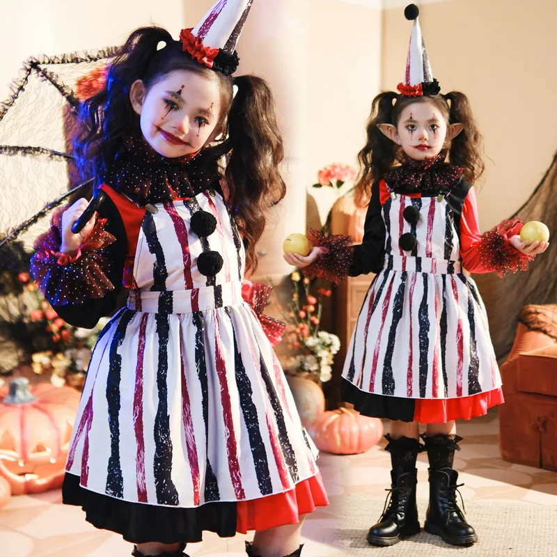 

Clown Suit Halloween Costumes Girl Dress Up Party Carnival Stage Performance Dresses Pants Cosplay Headwear Clothes Sets