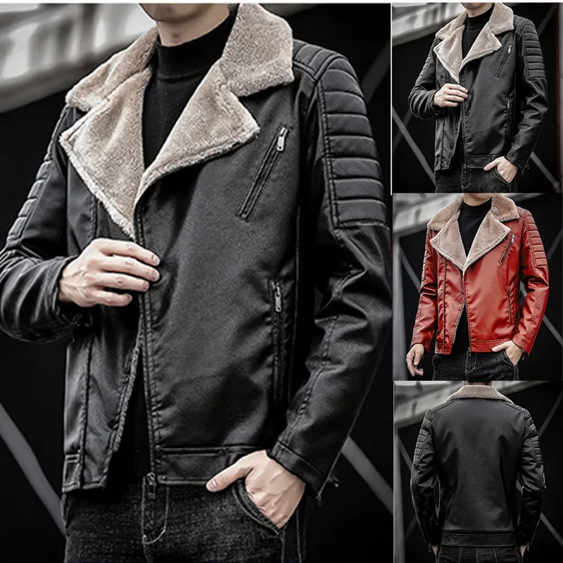 

Men's Fleece Lined PU Leather Jacket Autumn WInter Artificial Fur Long Sleeve Zipper Lapel Waterproof Outwears Coats With Pocket