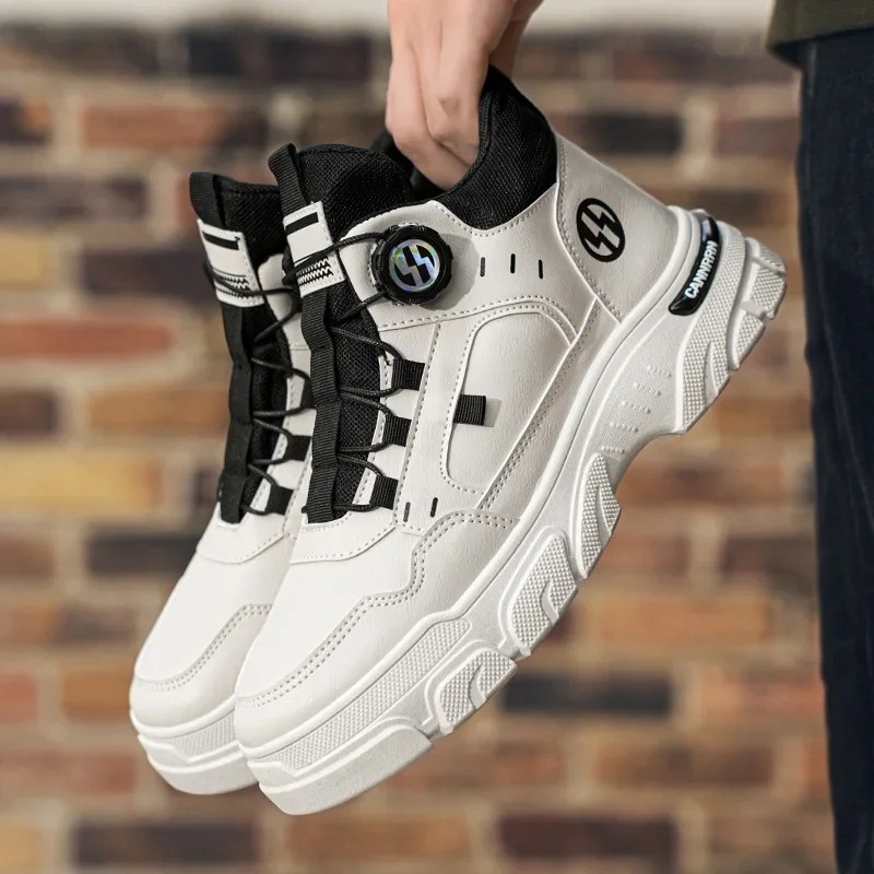 

Fashion Men's High Top Sneakers Autumn Leather Casual Shoes Outdoor Non Slip Hiking Shoes for Men Rotating Buttons Platform Shoe