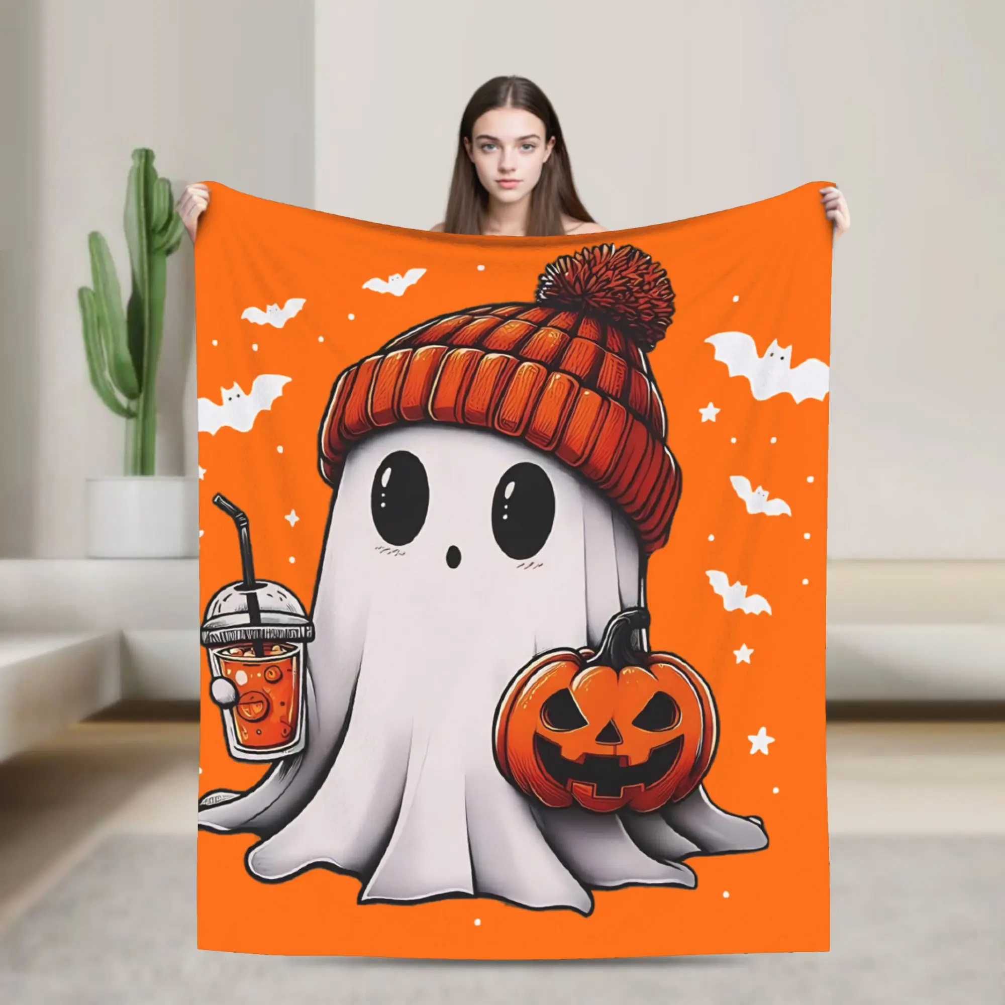 Halloween Cute Ghost Pumpkin Flannel Blankets  Customized Throw Blankets for  Sofa Bedding Lounge 200x150cm Bedspread