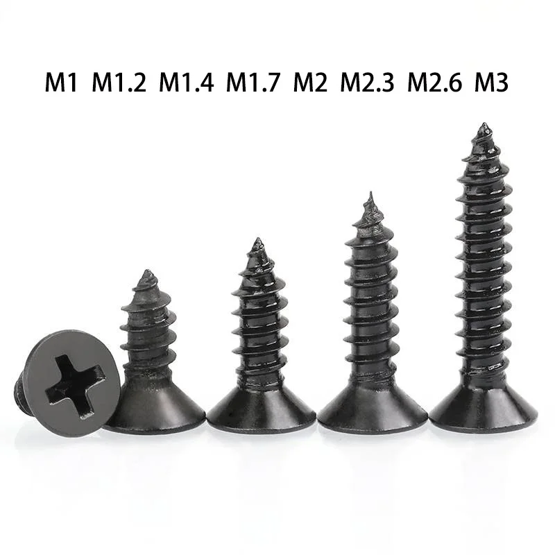 100/500pc Black Flat Countersunk Head Self Tapping Phillips Screw Carbon Steel Cross Woodwork Screws M1 M1.2 M1.4 M1.7 M2 M2.6M3