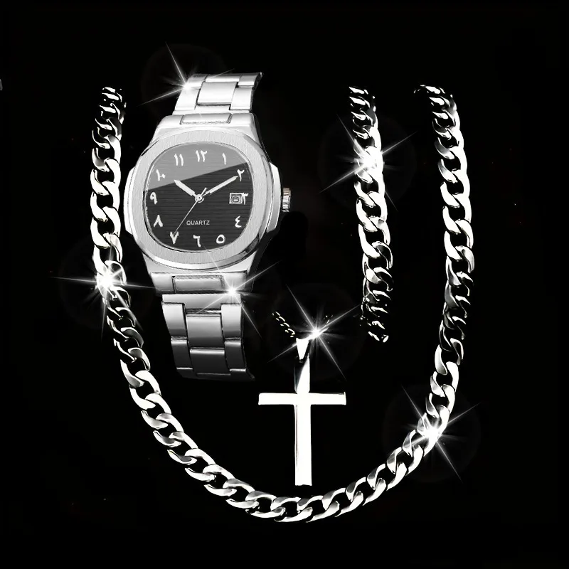 4PCS Luxury Men Business Watches Bracelet Necklace Set Fashion Square Dial Quartz Wristwatch With Calendar  (WithoutBox)