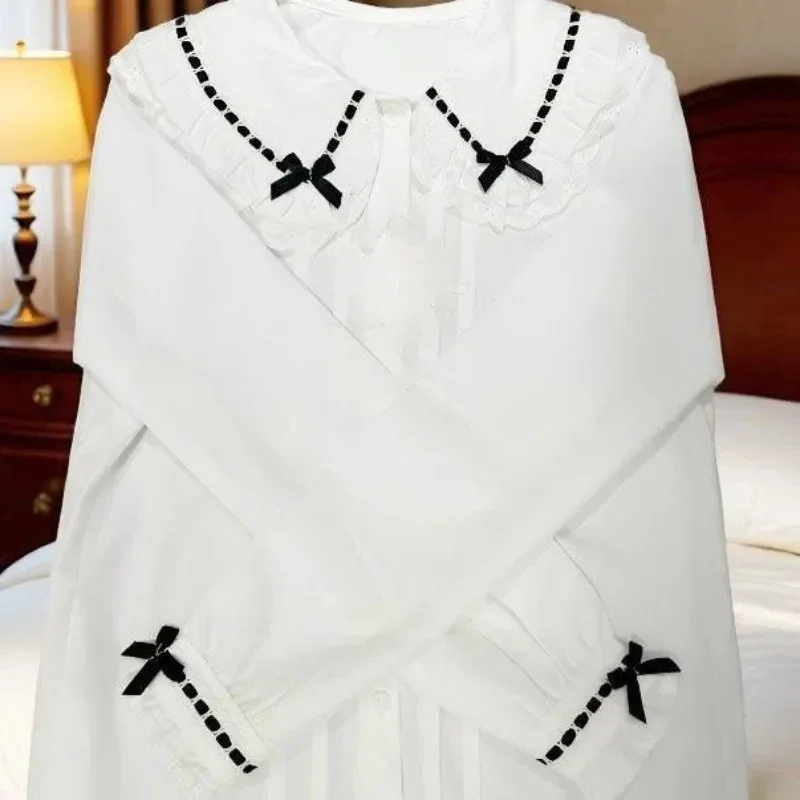 2025 Camisas De Mujer Japanese Women's Blouses Lolita Style Puff Sleeve Peter Pan Collar White Shirts Fashion Sweet Cute Tops