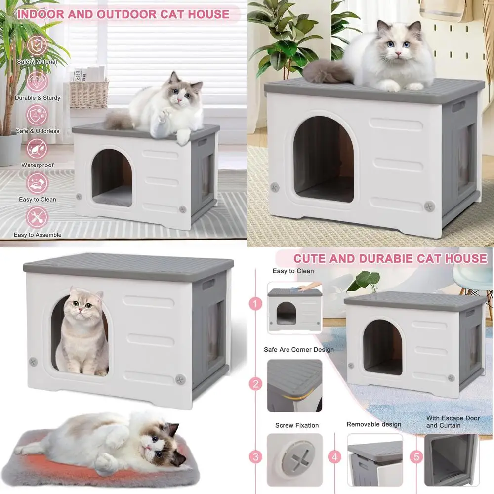 

Серый домик для кошек (для дома и улицы) с дверцей-убежищем для мелких и средних животных