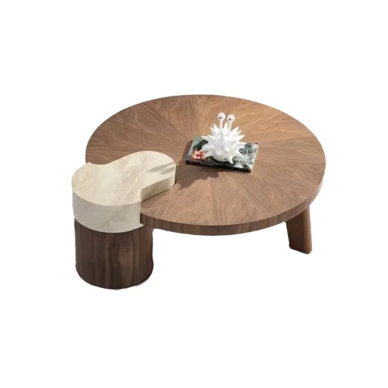 

Italian modern coffee table round creative black walnut leather