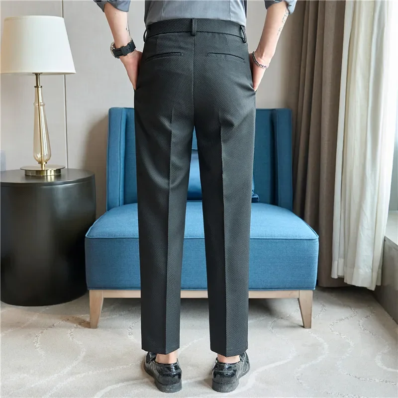 High Waisted Waffle Suit Pants 2024 Autumn British Style Casual Solid Trousers Elastic Slim Fit Formal Dress Pants Men Clothing