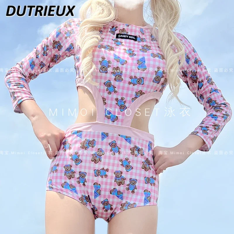 Summer New Long-sleeved Cartoon Print High-end Sweet and Cute Girl Bathing Suit Seaside Vacation Crew Neck One Piece Swimsuit