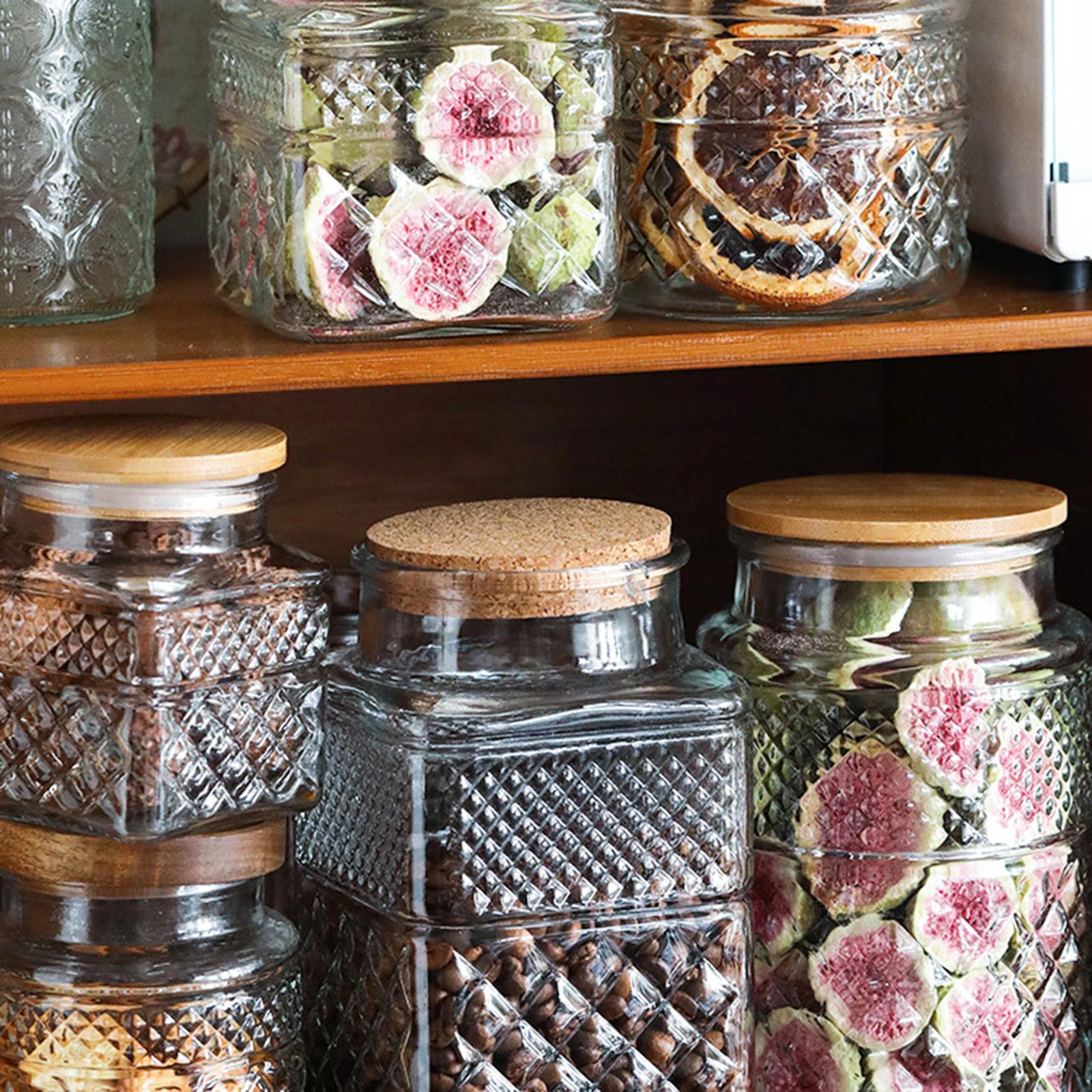 

Large Capacity Sealing Storage Jars Glass Bamboo Food Containers Kitchen Canisters Tea Sugar Flour Grains Nuts Household Storage