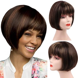 Amir short  Hair Wigs Synthetic Bob Wig With Bangs Ombre Black Mixed Brown Hair For Women Bob Hairstyle Heat Resistant Fiber