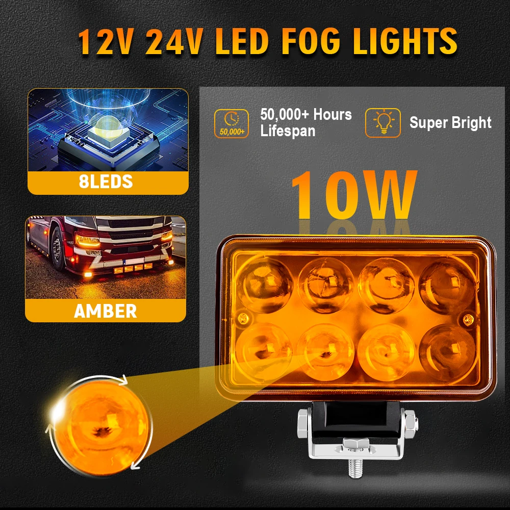 2Pcs Led Amber Truck Fog Lights Auxiliary Driving Work Light for Offroad Vehicles Tractor Pickup Cabin Boat Car SUV ATV RV