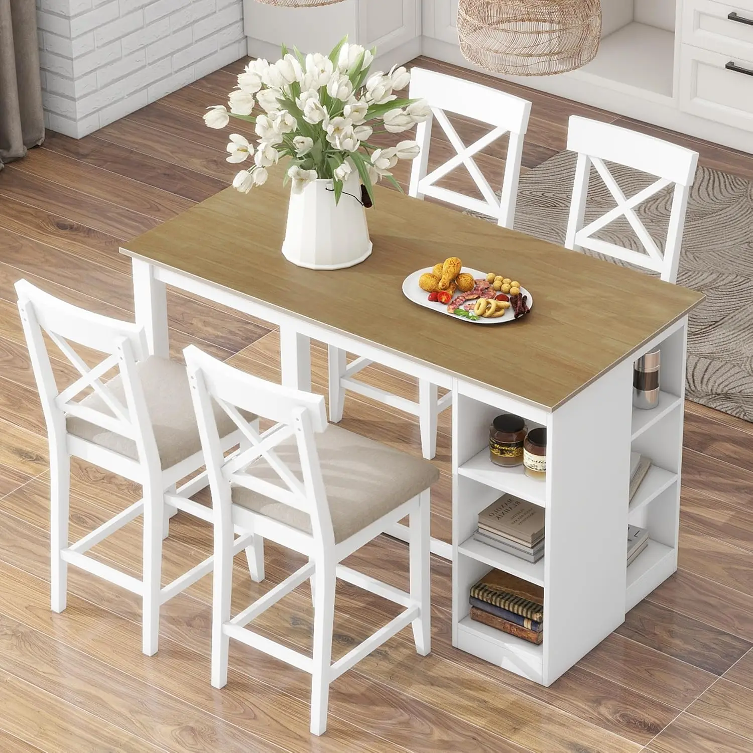 Lumisol 5-Piece Counter Height Dining Table Set With Storage, Rectangular Desk With 3-Tier Storage Shelves, Kitchen Table Set