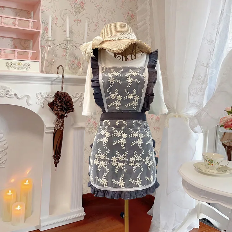 Korean Style Washed Cotton Apron, Embroidered Lace Princess Kitchen Apron, Stain-Resistant for Home Cooking