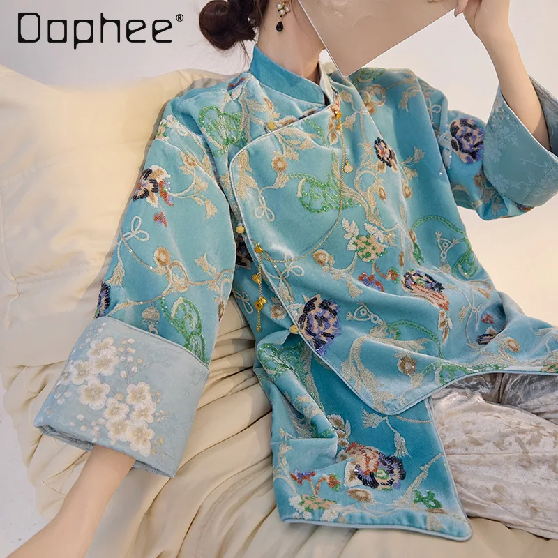 

New Chinese Style Flower Embroidered Sequined Patchwork Long Sleeve Shirt High-end Temperament Satin Stand Collar Blouse Women