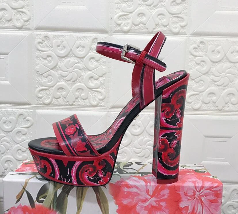 Chunky Heel Platform Printing Flower Women Summer Sandal Shoes Ankle Strap Genuine Leather Luxury 2023 New Designer Shoe