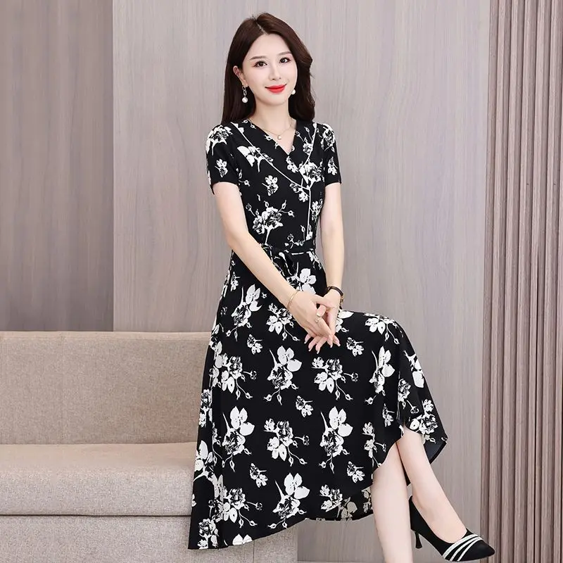 فستان نسائي صيفي ميدي موضة الأزهار طباعة كشكش كاب الأكمام الخامس الرقبة ألف خط Vestidos عادية جاهزة الخصر فستان الشمس الطرف
