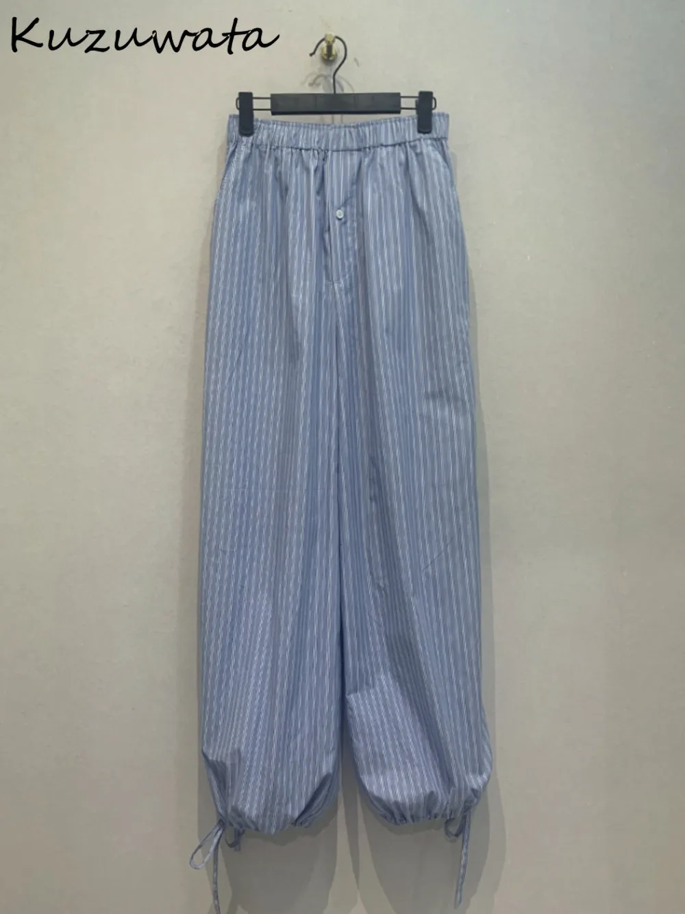 Kuzuwata Casual New Straight High Waist Pants Elegant Slim Fit Loose Soft Stripe Simple Trousers Japan Lace Up All-match Capris