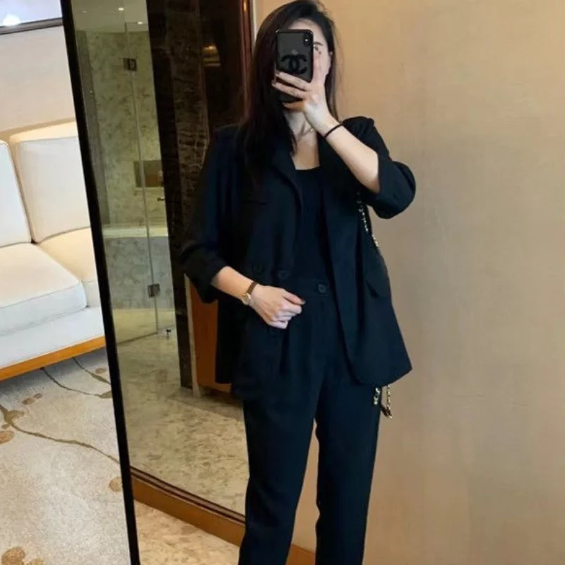 Women\'s 2 Pant Set Capris and Outfits Blazer Casual Two Pieces Sets Pants for Woman Y2k Streetwear Trousers Suits Korean Style D