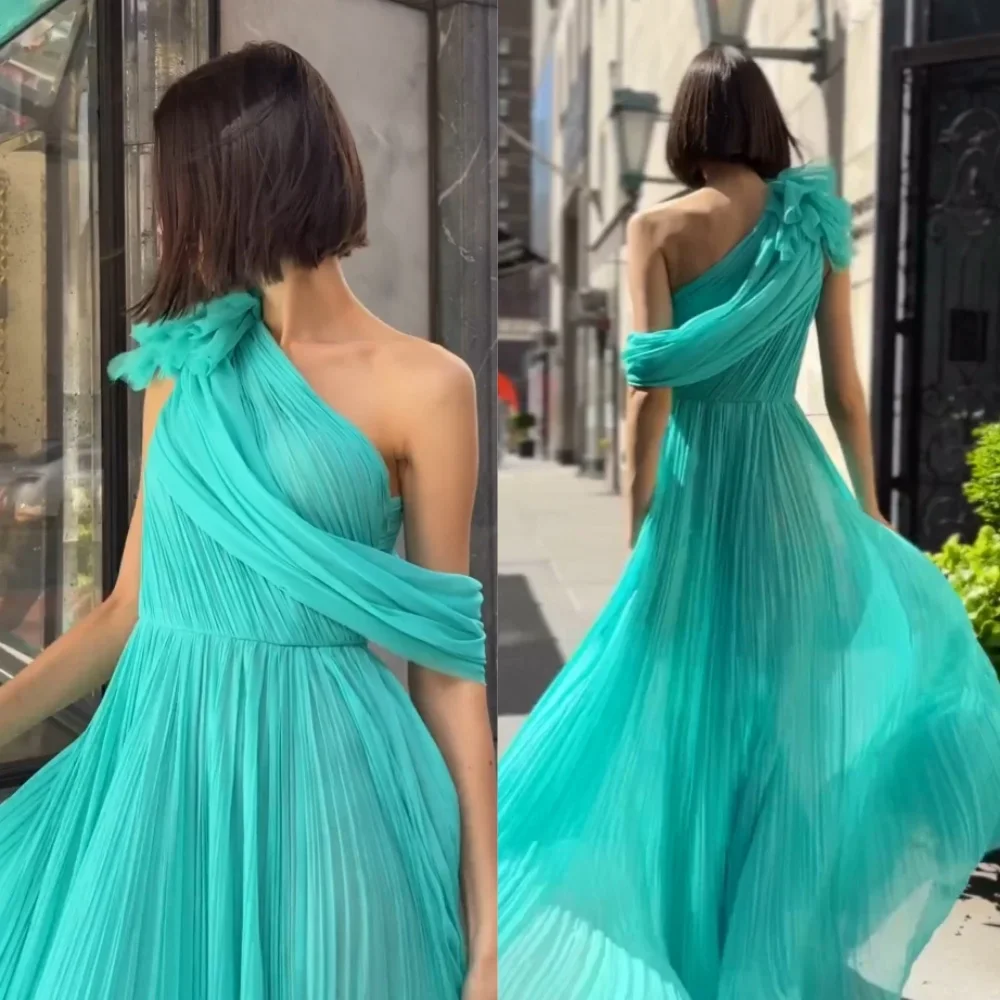 

Chiffon Draped Handmade Flower Graduation A-line Off-the-shoulder Bespoke Occasion Gown Long Dresses