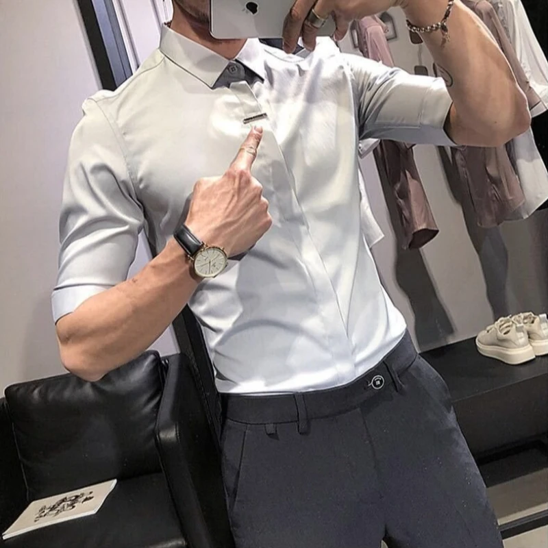 Men's Summer Solid Shirt Short Sleeve Slim Fit Korean Style Half Sleeve Top Wrinkle Free Lightweight Comfort