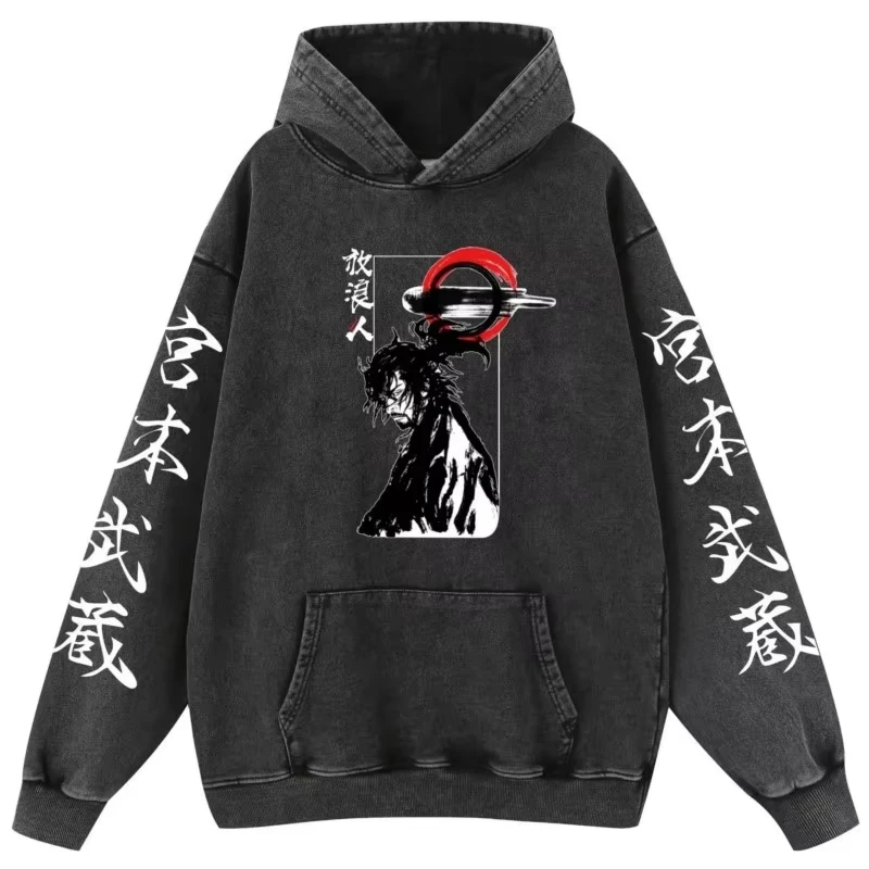 Japan Anime Vagabond Musashi Miyamoto Printed Hooded Men Manga Cotton Hoodies Casual Vintage Streetwear Harajuku Male Sweatshirt