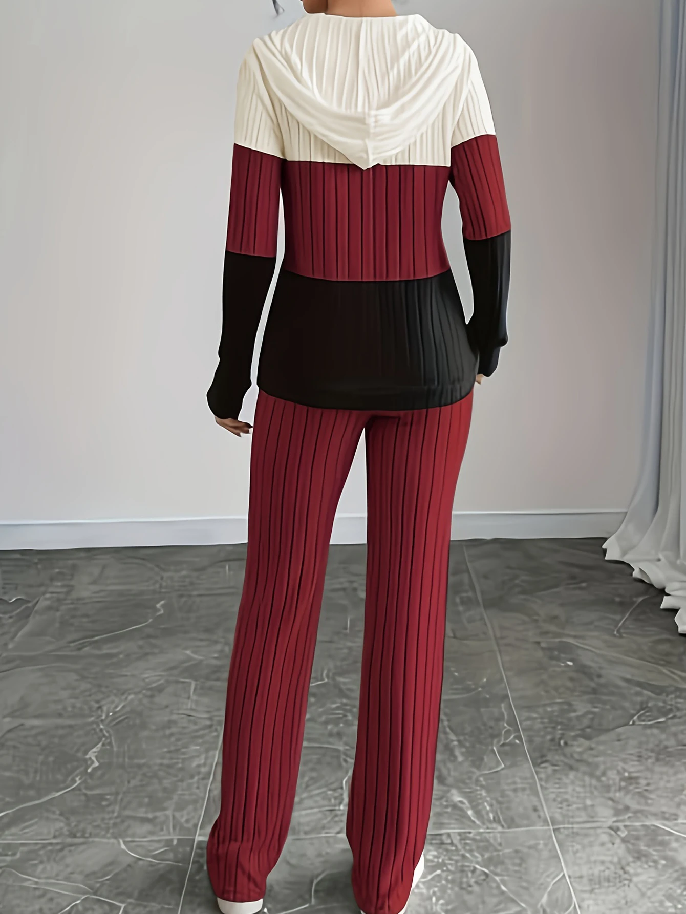 秋のレディースセットファッションベーシックコントラストカラー長袖フード付きドローストリングジッパーナチュラルウエストアンクルストレートセット