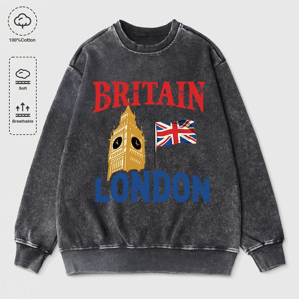 เสื้อสเวตเชิ้ตพิมพ์ลายบิ๊กเบน ลอนดอน อังกฤษ ผ้าฝ้ายสำหรับผู้หญิง เสื้อฮู้ดดี้ทรงโอเวอร์ไซส์ สไตล์สตรีท อุ่นสบาย เสื้อสวมหัวลำลอง คอกลม เสื้อผ้าผู้หญิง