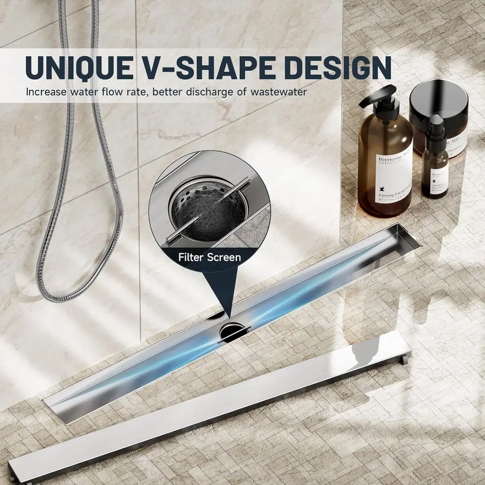 Ralo de Chuveiro de 28 Polegadas com Inserção para Azulejo, Ralo de Chão em Aço Inoxidável, Pés Niveladores Ajustáveis, Coletor de Cabelos, Acabamento Escovado