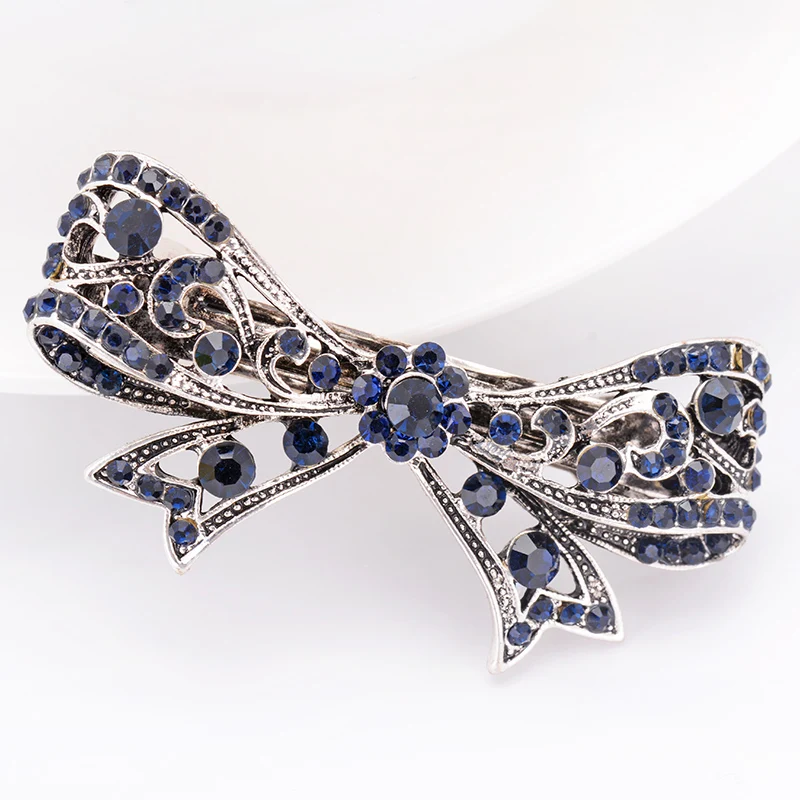 EASYA Vintage Antique  Blue Crystal Bowknot Hairpins Jewelry Women\'s Fashion Metal Rhinestone Ribbon Hair Clips Barrettes