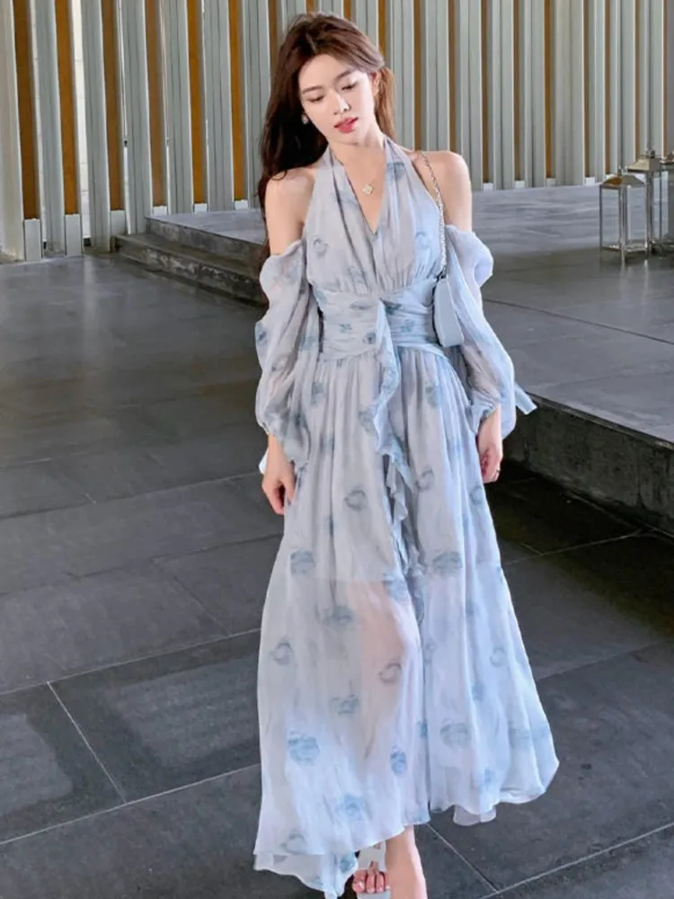

Autumn Printed Vintage Women's Dresses Long Sleeved Evening Wear Fashionable and Sexy Elegant Apparel Off Shoulder New Style