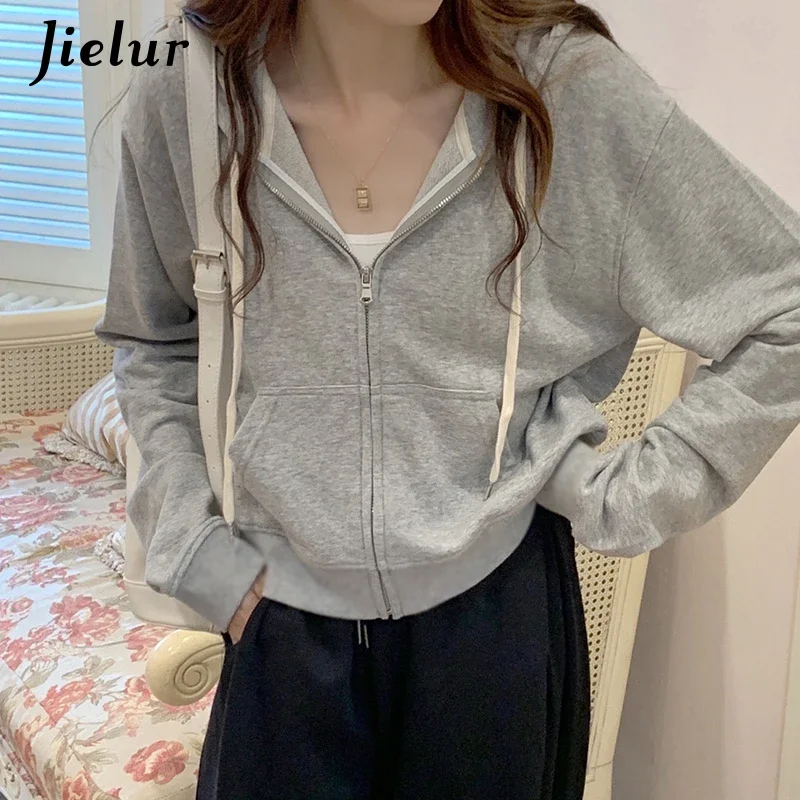 Jielur Herfst Koreaanse Short Hoodies Dames Streetwear 6 Pure Kleuren Casual Dun Sweatshirt Met Capuchon Damesvesten S-L