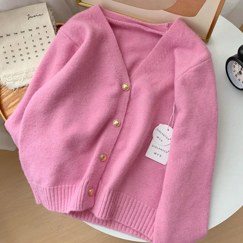 

OCEANLOVE Woman Sweaters Solid V Neck Autumn Winter Korean Fashion Chic Cardigans Elegant Single Breasted Sueter Mujer