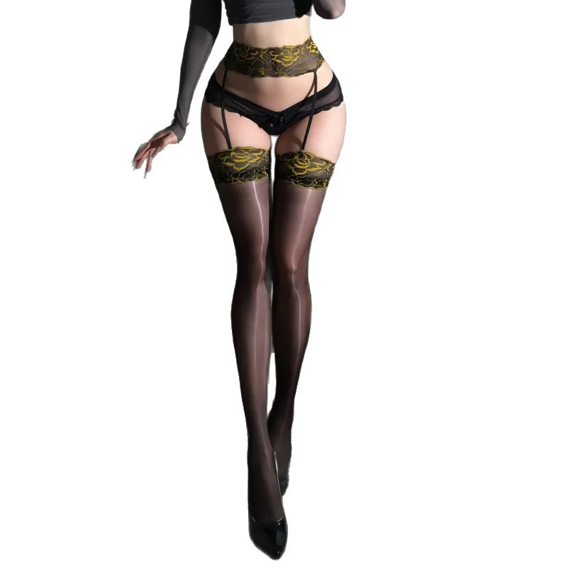 Calze monopezzo con giarrettiera a tubo lungo Aurora in pizzo bicolore Calze ultrasottili 0D lucide sexy in seta nera Hot Girl