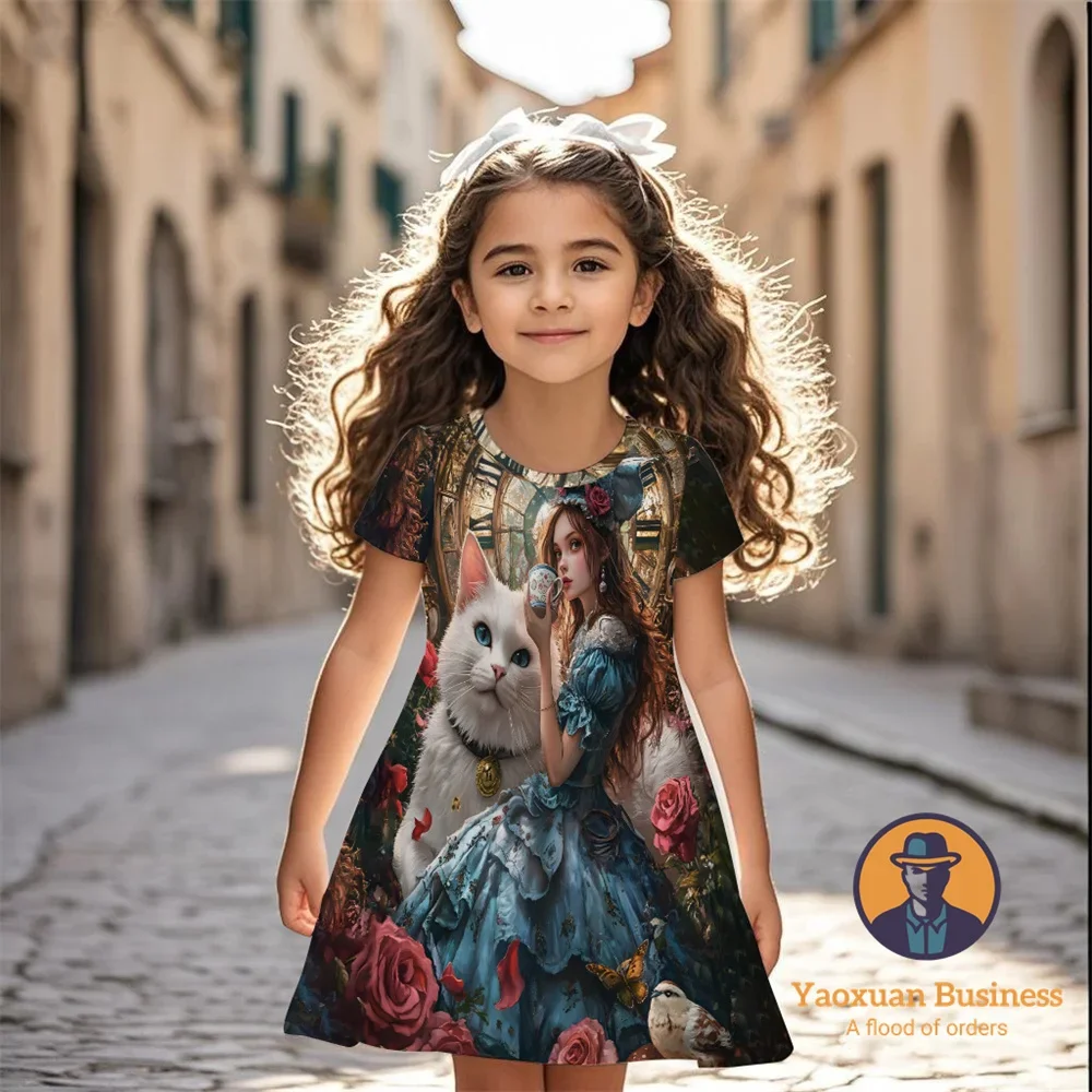 

Trendy 2025 Alice In Wonderland Girls Children 3D Cartoon Print Dress Cool Cute Pretty Summer New Stylish​