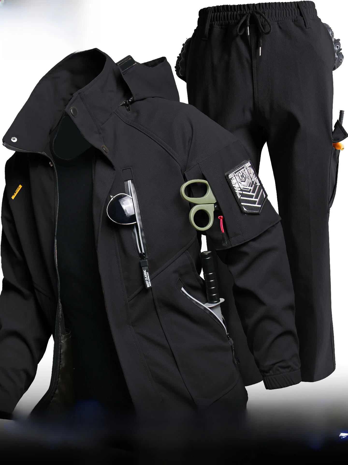Black Tactical Spring Workwear Jacket Slim Fit Zipper Closure Waterproof Windproof Men's Shirt And Pants Set Thin Stand Collar