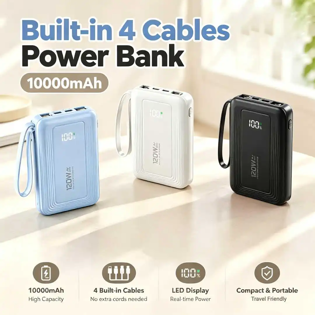 10000mAh Power Bank Built-in 4 Cables 120W Fast Charging Portable External Battery Pack LED Digital Display With Hand Strap For iPhone Android Travel White