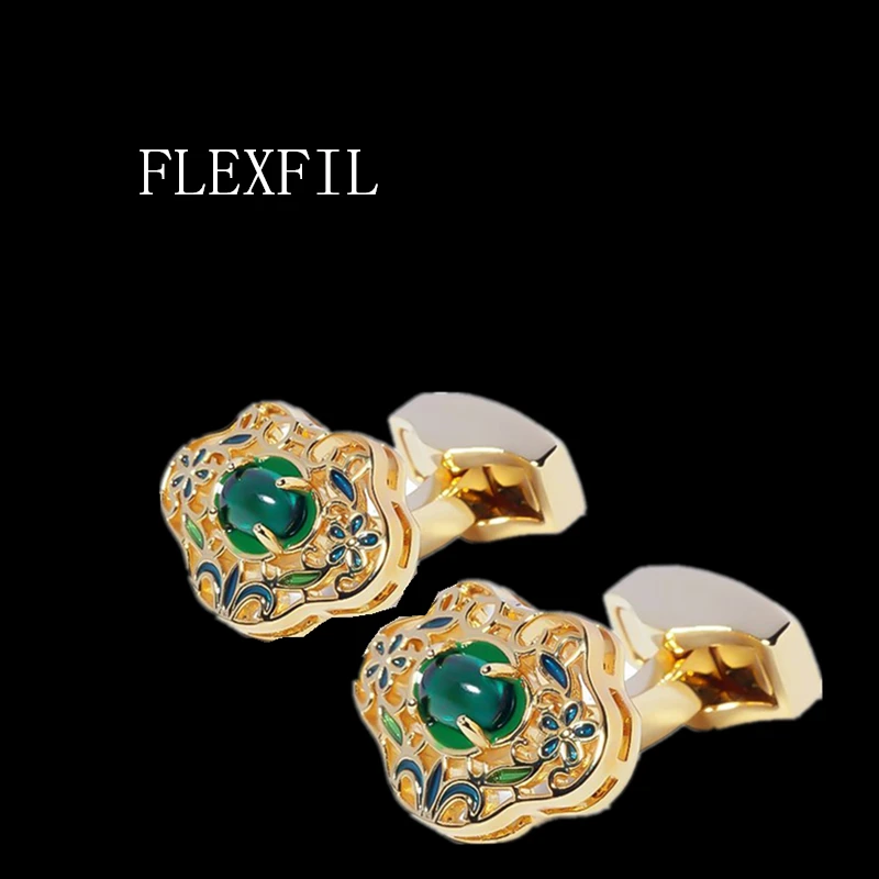 FLEXFIL Luxury shirt cufflinks for men's Brand cuff buttons cuff links gemelos High Quality Jade wedding abotoaduras Jewelry