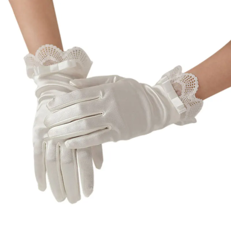 100% Same 24cm Short Wedding Gloves Satin Wrist Fingers Bride Accessory Women Lace Bridal Glove Formal Party