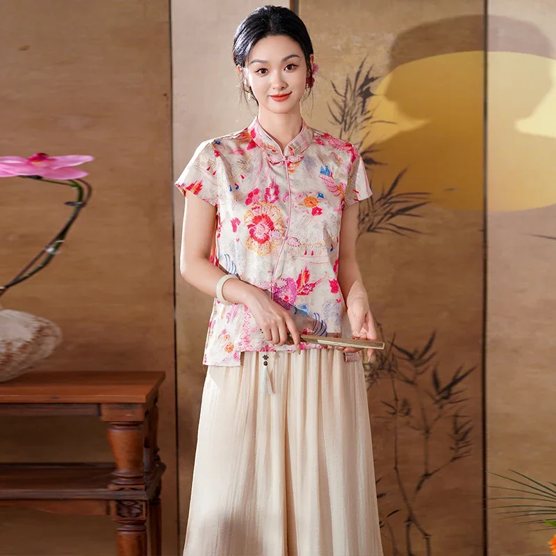 

Pink Red Blouse Buttons Relaxed Fit Women's Modern Oriental Shirt - Vintage Floral PrintSummer Tops