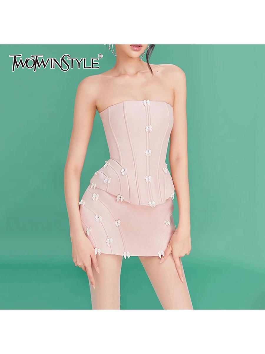 

TWOTWINSTYL утягивающие комплекты из двух предметов с бантами для женщин, туника без бретелек без рукавов, топ с высокой талией, мини-юбка, женский комплект