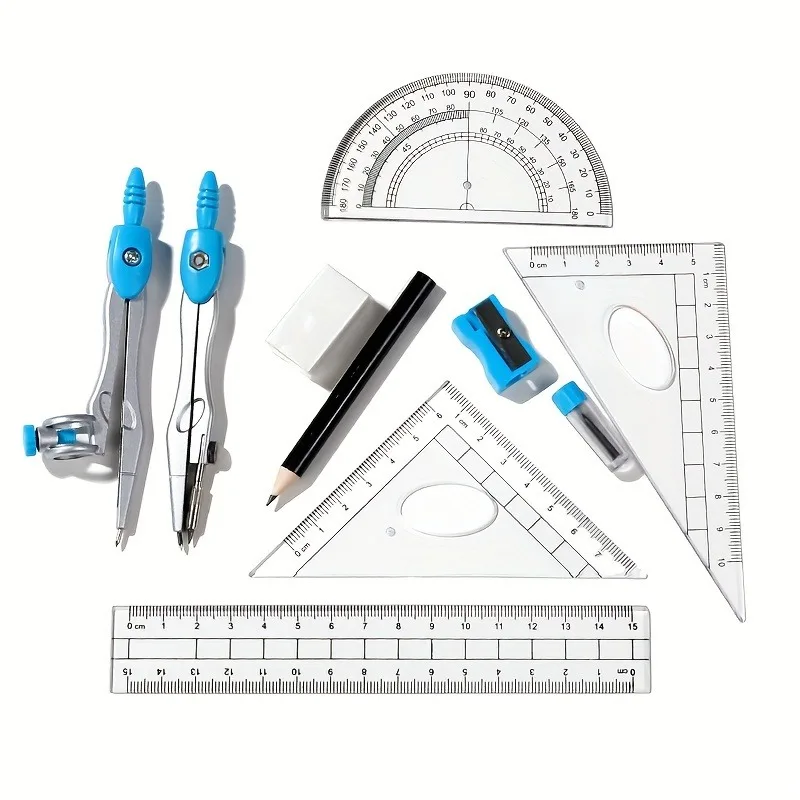 Kit de géométrie pour étudiants, 10 pièces, avec boussole, rapporteur et outils de dessin, matériau ABS Durable pour un usage quotidien au bureau