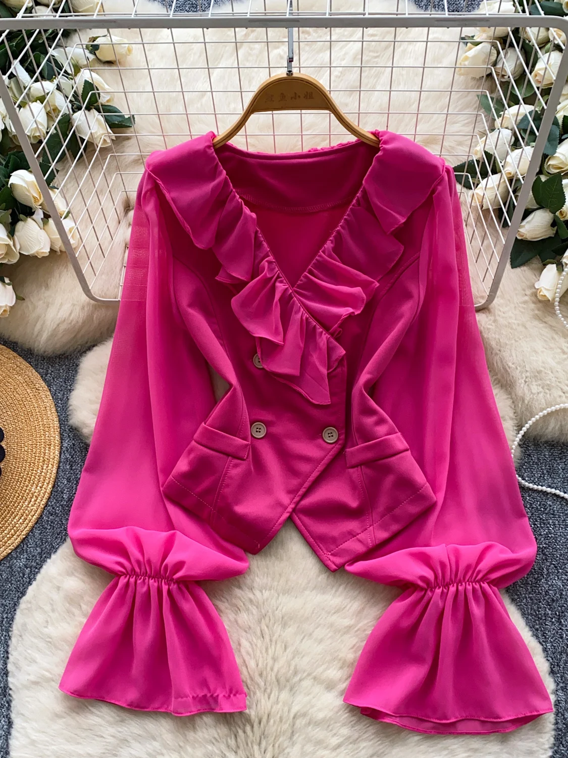 

2026 New Autumn Women V-neck Flare Sleeve Shirt Ruffles Patchwork High Waist Slim Double Breasted Solid Short Shirt Tops