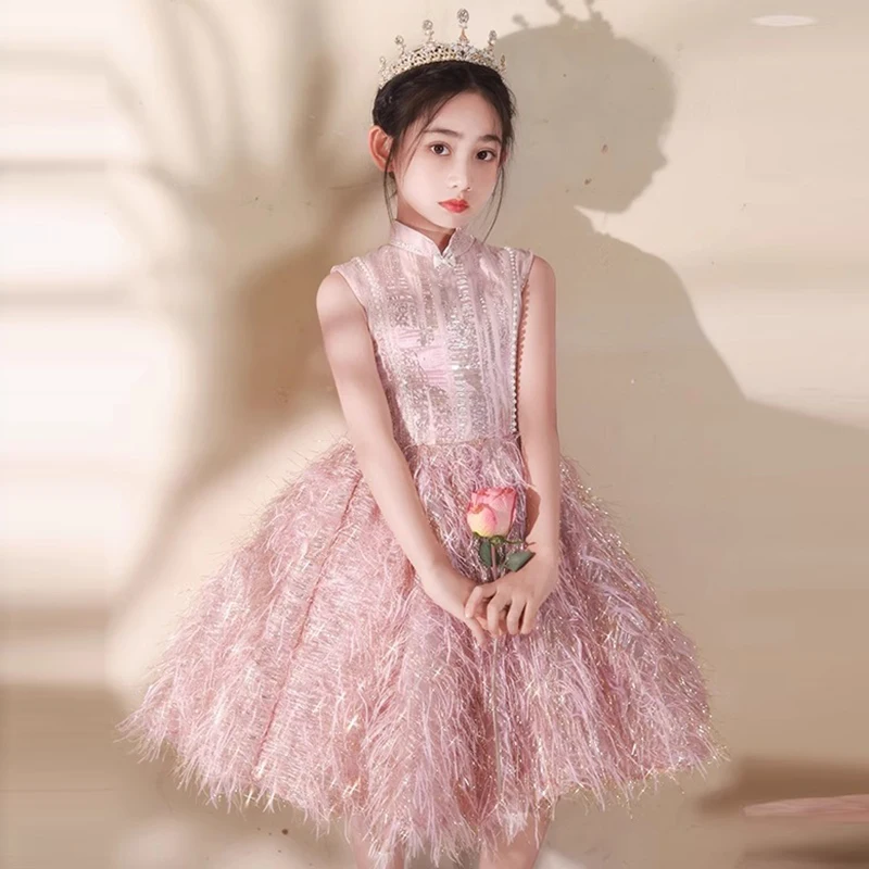 

Luxury Elegant Flower Girl Dress Fashion Sequined Tassel Design Sleeveless Birthday Party Wedding Knee-length Evening Dresses