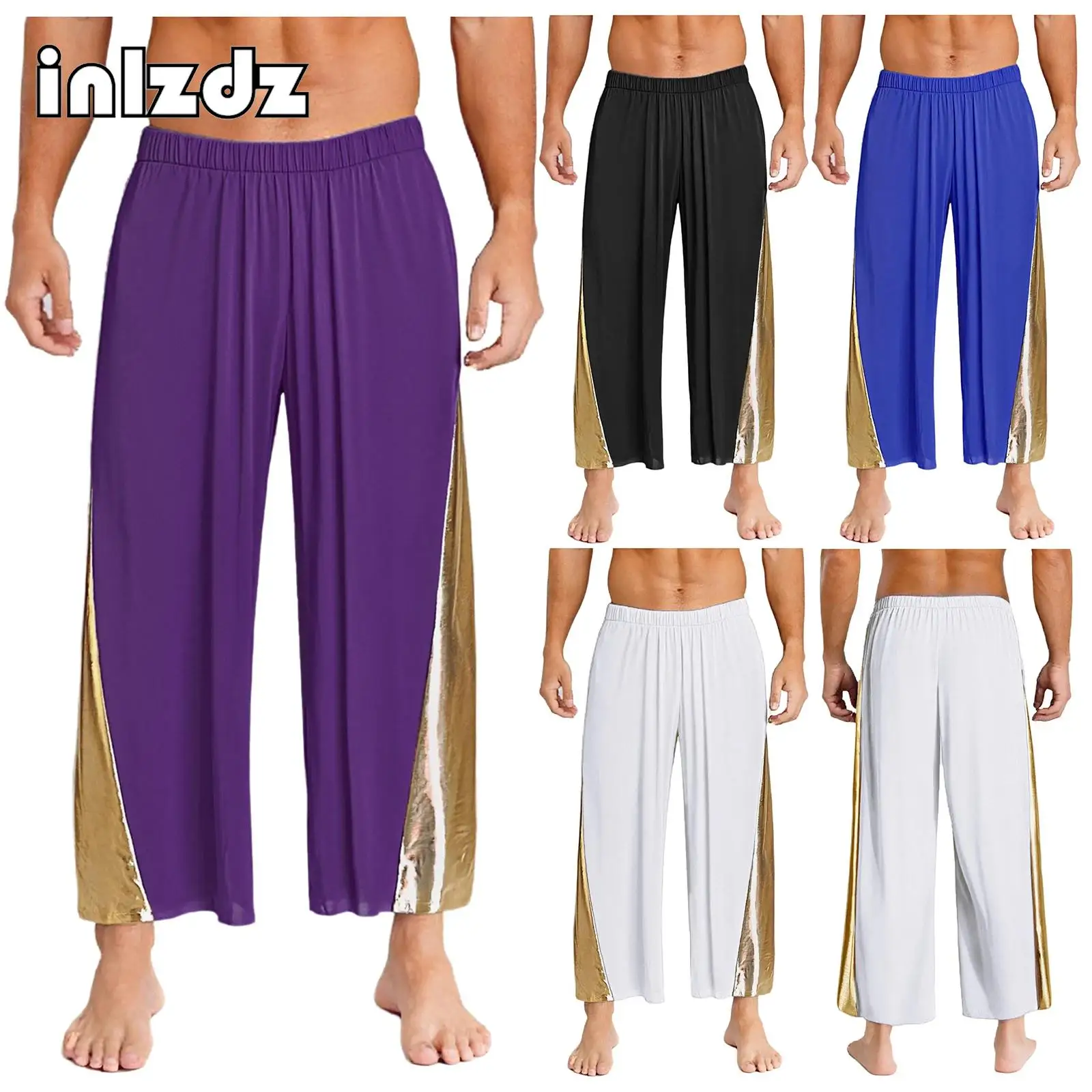 

Mens Liturgical Praise Worship Dance Pants Metallic Shiny Stretchy Wide Leg Pants Loose Trousers Lyrical Performance Dancewear
