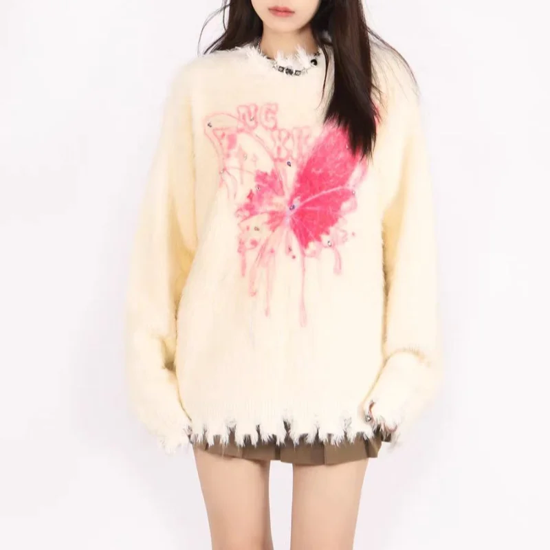 Korean Women Sweater Streetwear Autumn Winter Letter Printed O-neck Kawaii Pullovers Cartoon Furry Bunny Knitted Pullover