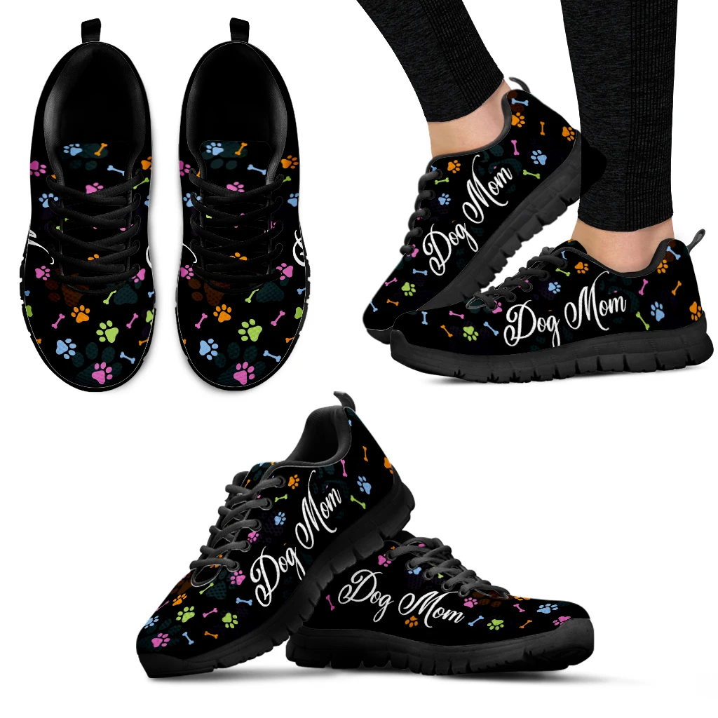 INSTANTARTS Colorful Dog Paw Print Sneakers For Women Dog Mom Designer Sport Shoes Black Lace Up Casual Girls Tennis Shoes Mujer