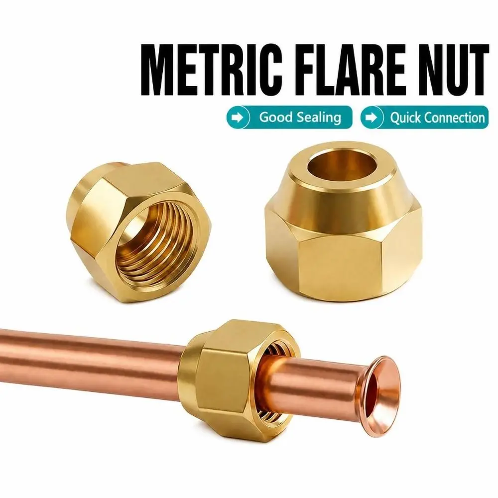 Quick Connect Brass Flare Nut Gold Metric Thread Brass Nut Hex Pipe Connector Refrigeration Repair